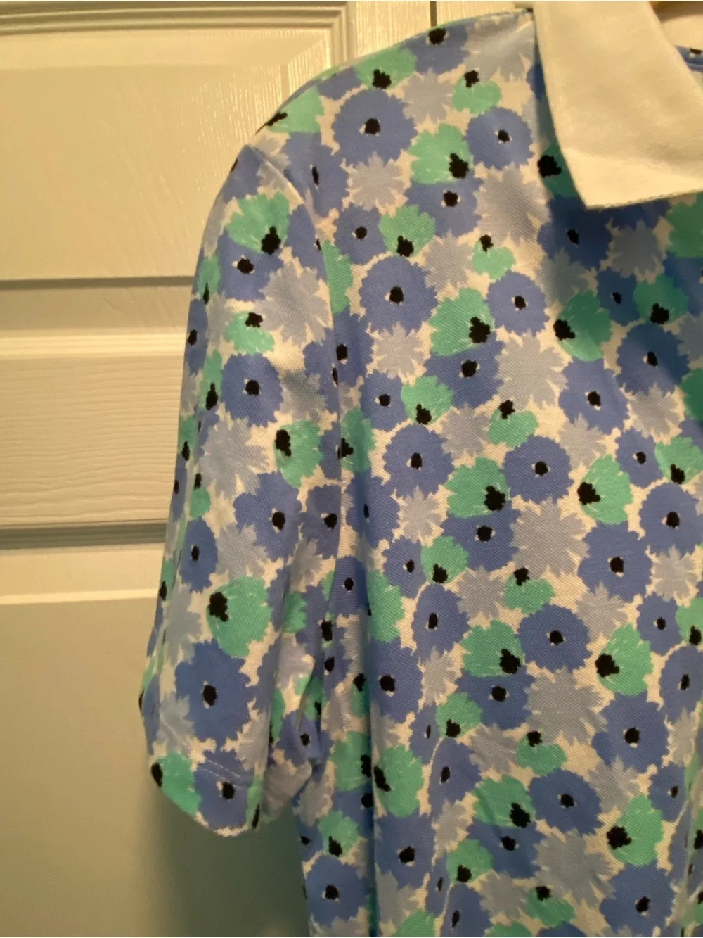Kim Rogers Polo Shirt Blue/Green Floral Print with White Collar XL New With Tag